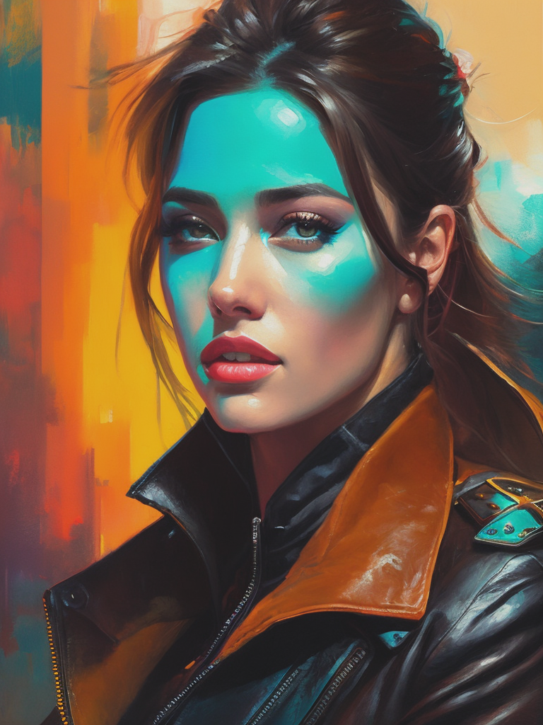 00115-4080526032-a painting of a woman in a leather jacket with different colored, in the style of dmitri danish, intense color palette, blink-an.png